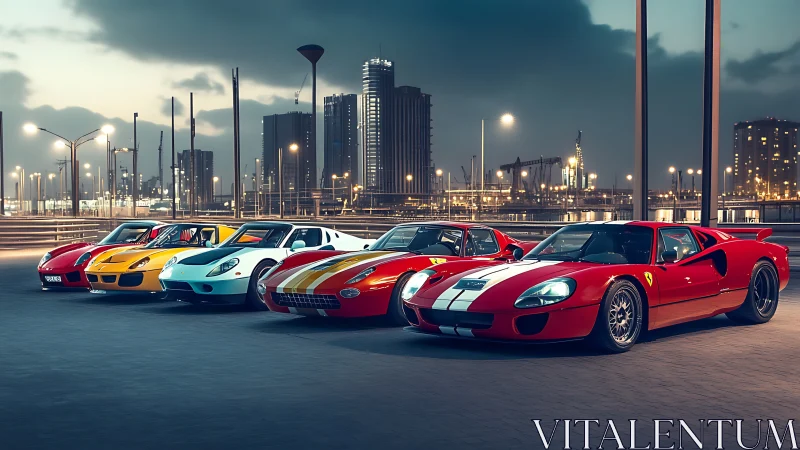 Photorealistic lineup of classic sports cars at dusk boulevard.