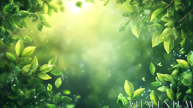 Sunlit forest leaves framing bright green glade opening.