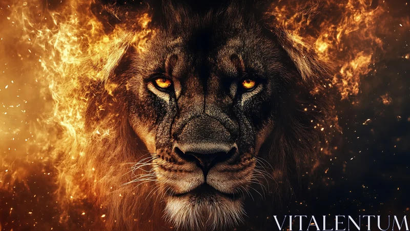 Digital painting of a fiery lion portrait with infernal symmetry.