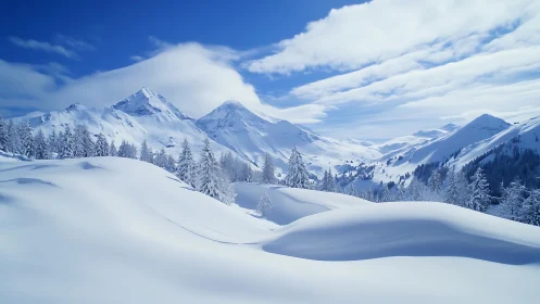 High-alpine winter valley with untouched powder snow drifts