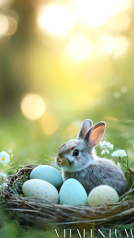 Gentle spring bunny resting in a nest of speckled eggs.