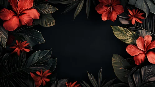 Red Flowers Frame Black Background with Dark Foliage