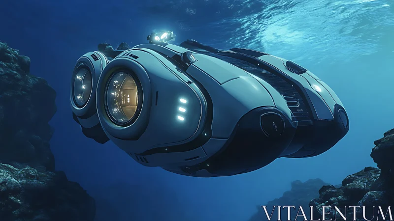 Sleek underwater sub glides calmly through deep blue reefs