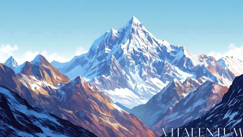 Snowcapped mountain peak rises above sunlit rugged range