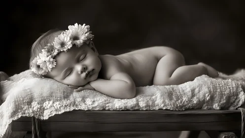 Monochromatic 3D rendered newborn depicted in repose with floral crown headdress