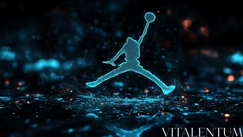Neon particle silhouette of leaping basketball player in splash field