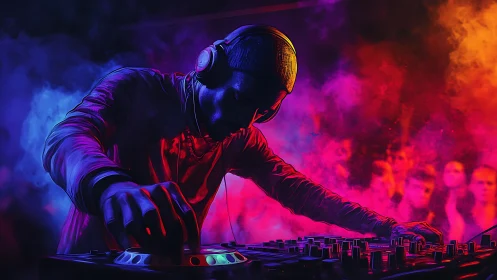 Neon fog DJ conjuring beats in an ultraviolet nightlife storm.