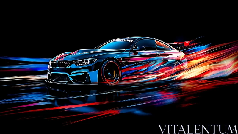 Neon race car streaking through a glowing night track.