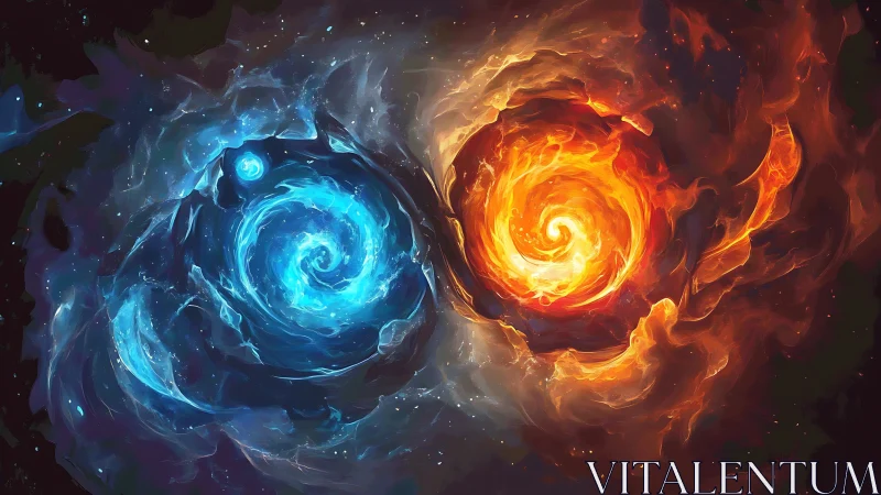 Cosmic blue and orange vortexes collide in fiery balance.