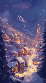 Snowy alpine village street with warm winter lights.