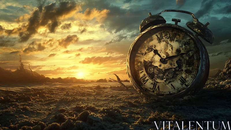 Rusted alarm clock in desolate wasteland at burning sunset.
