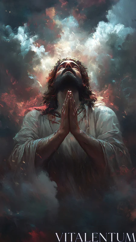 Praying robed man under dramatic glowing storm clouds.