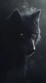 Black wolf portrait with glowing yellow eyes in darkness.