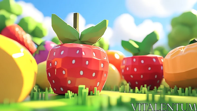 Low-poly strawberries glow under bright summer garden light.