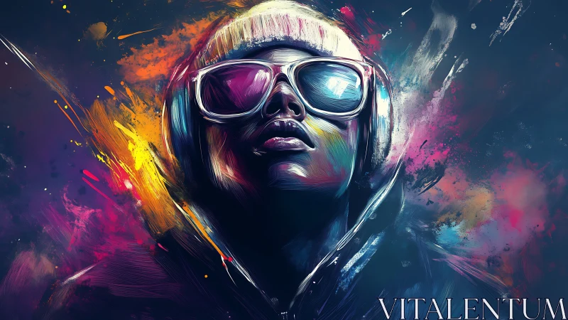 Headphones portrait with neon splashes and bold color strokes.