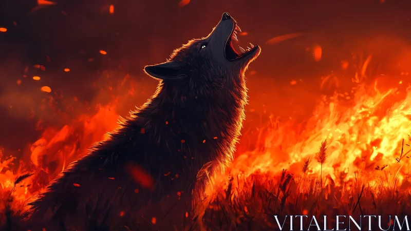 Wildfire howl ignites a lone wolf in molten twilight blaze.
