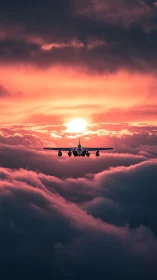 Jetliner silhouette descending through radiant sunset cloud deck.