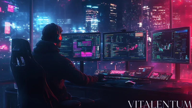 Cyber trader monitors neon city data streams at night.