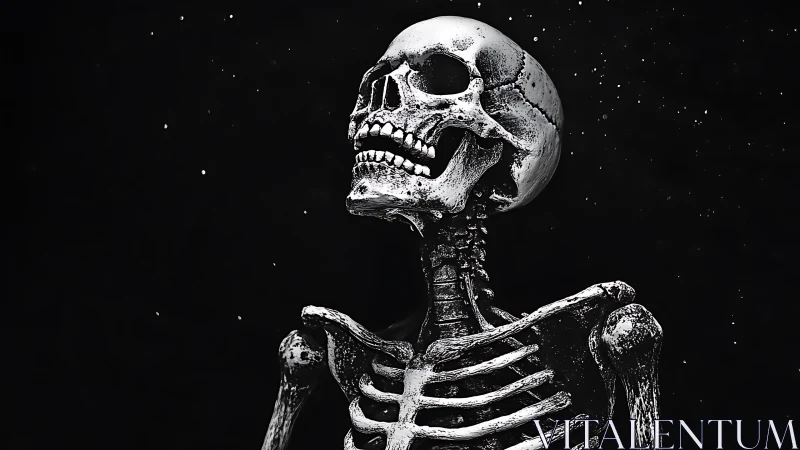 High-contrast skeletal portrait against deep cosmic void