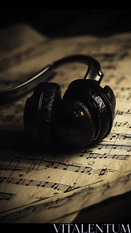 Black headphones resting on aged sheet music in warm light.