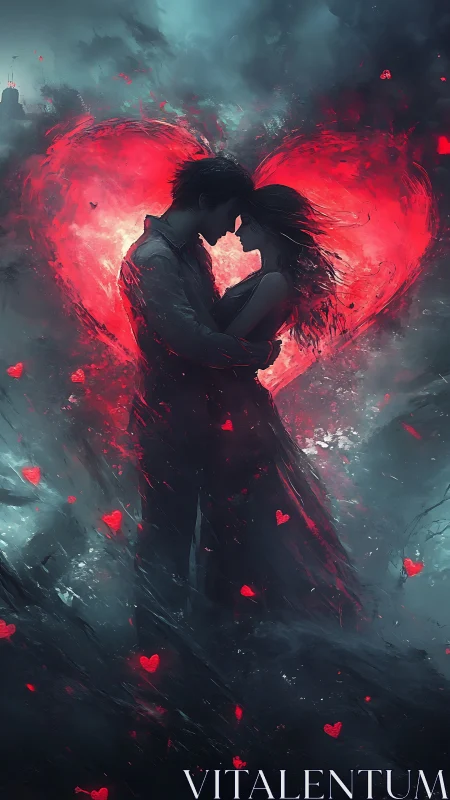 Couple in Fiery Heart Silhouette with Particle Effects.