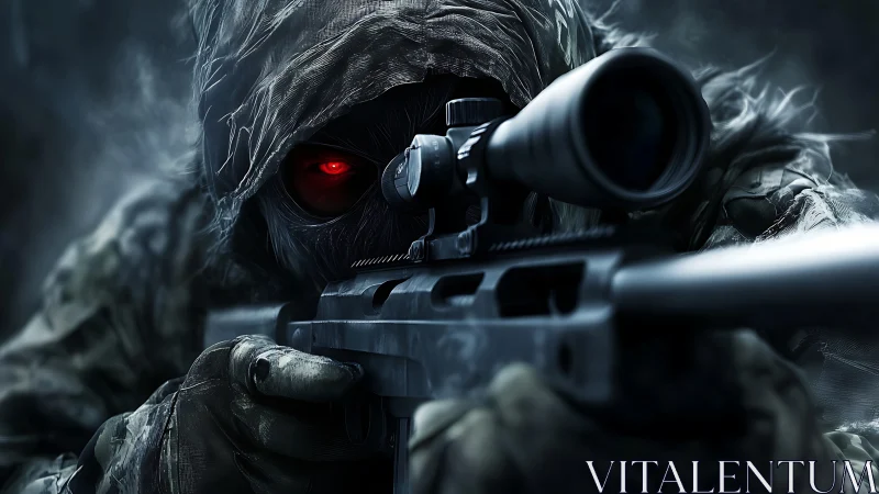 Hooded cyber sniper aiming down scope with red eye focus.