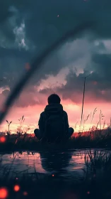 Solitary teen watches stormlit sunset over quiet field