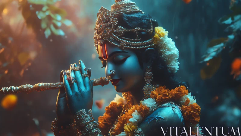 Divine blue-skinned deity plays flute in glowing forest dusk