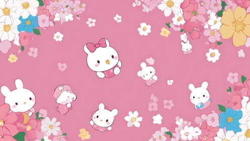 Playful pink bunnies enjoy a sweet spring flower garden