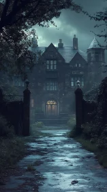 Rain-soaked Gothic manor facade under moody atmospheric lighting