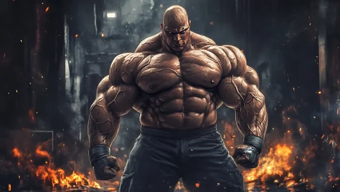 Digital painting of hyper-muscular warrior in infernal ruin.