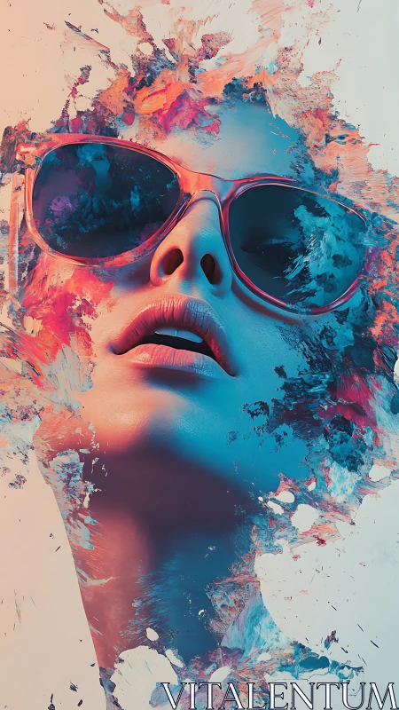 Explosive portrait of woman in neon abstract sunglasses.