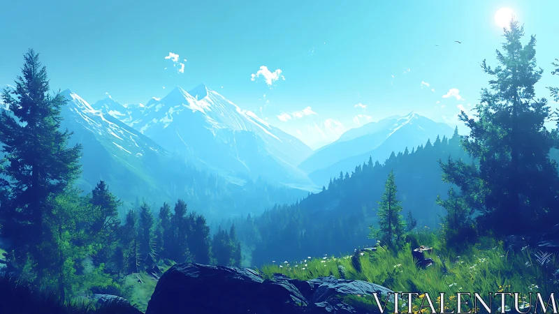 Sunlit mountain valley wrapped in bright emerald forest calm.