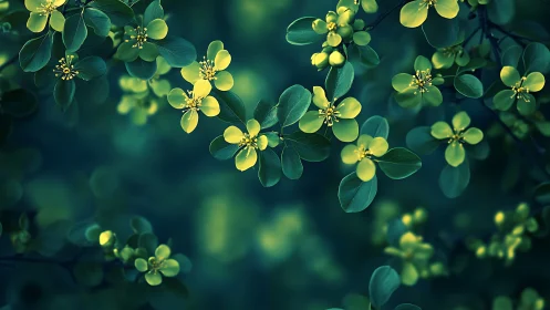 Small yellow blossoms are distributed across dark green foliage