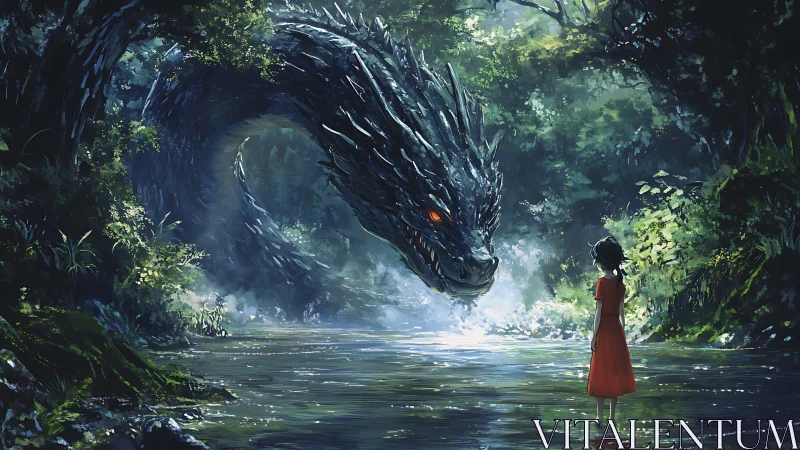 Child in red confronts colossal forest dragon in misted river.