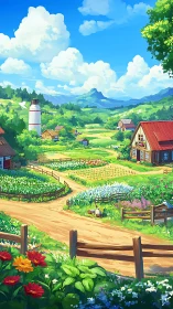 Sunny country farm lane winding through blooming gardens.