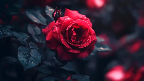 Crimson Rose with Water Droplets in Dramatic Shadow.