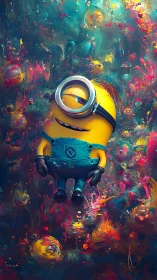 Dreamy yellow helper drifting through a cosmic paintstorm.