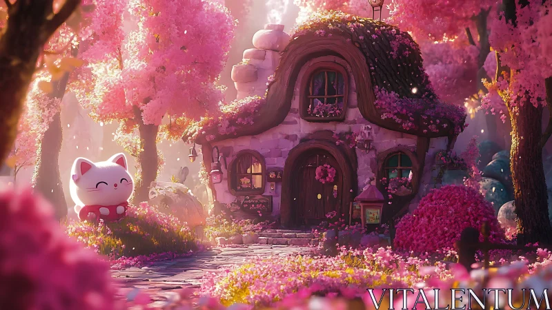Cat figurine beside cottage in dense pink blossom forest.