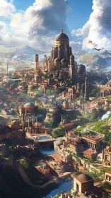 Sunlit fantasy capital rises above cascading river terraces