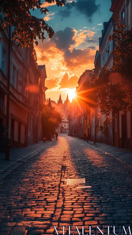 Cobblestone alley under volumetric sunset illumination study.