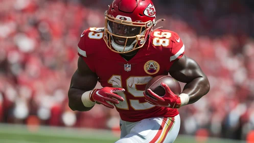 Telephoto gridiron action with running back drive in red uniform.