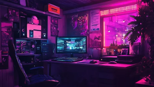 Neon cyberpunk gaming workstation with dual monitor glow.