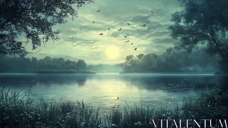 Digital painting of misted lakeside sunrise with avian motion.