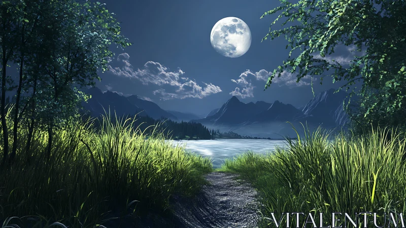 Lunar-illuminated lakeside corridor with layered alpine silhouettes.