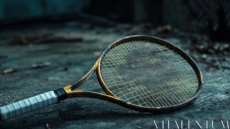 Weathered tennis racket rests on cracked urban court