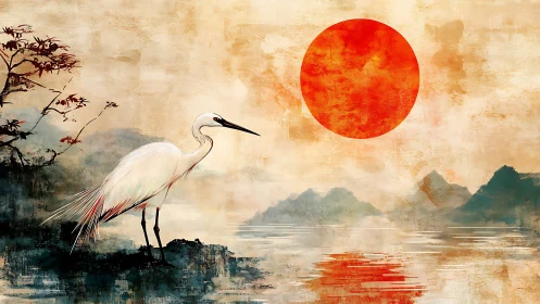 White heron by misty lake under large red sun at dawn.