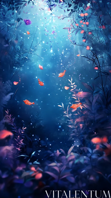 Midnight glade of glowing koi and drifting ember petals.