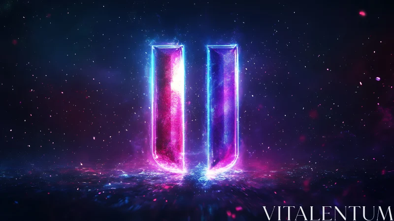 Neon pause symbol in cosmic bokeh digital painting composition.