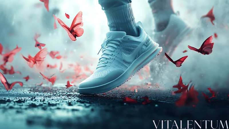White running sneaker races through a storm of scarlet butterflies.